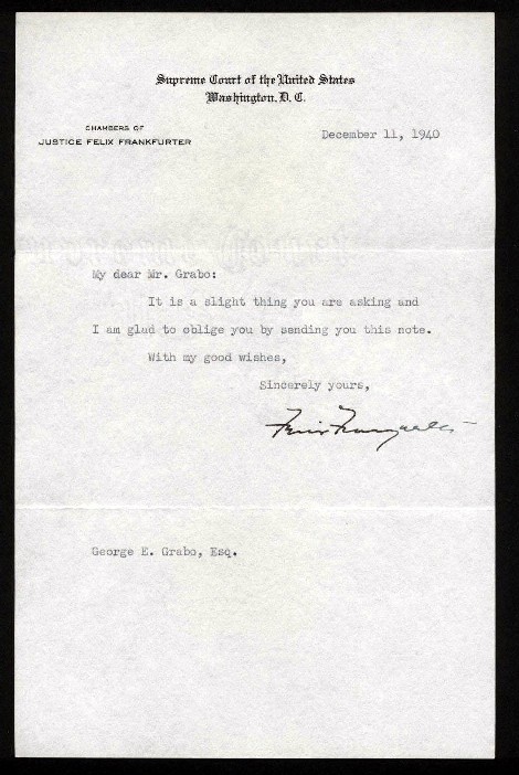 Justice Felix Frankfurter 1940 Signed Letter on Supreme Court
